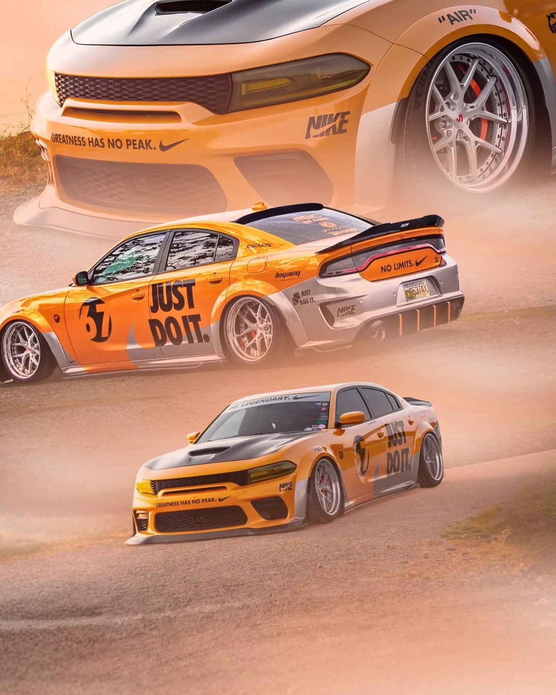 Orange Dodge Charger collage with a warm atmospheric treatment