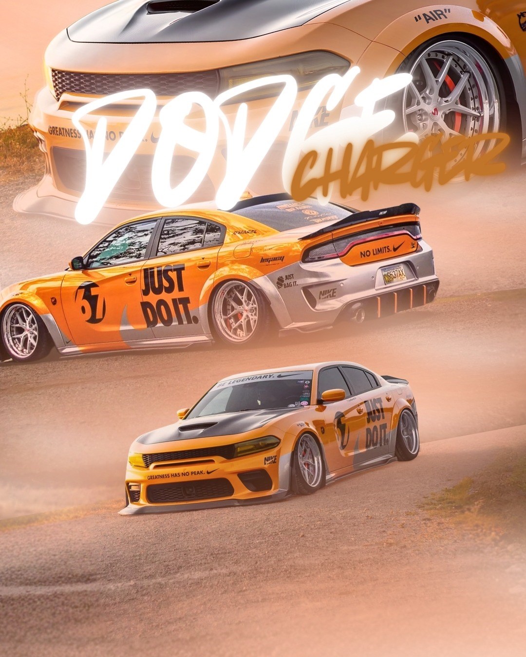 Orange Dodge Charger poster with large headline, an in-house Graphic by Hasaan project