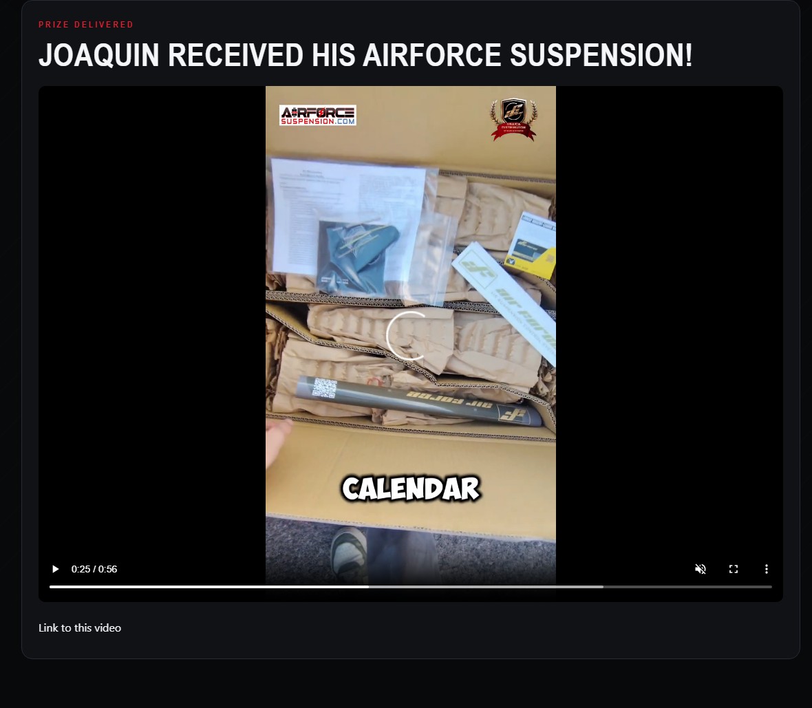 Desktop Joaquin’s prize-delivery video section, paused on a frame from the published video