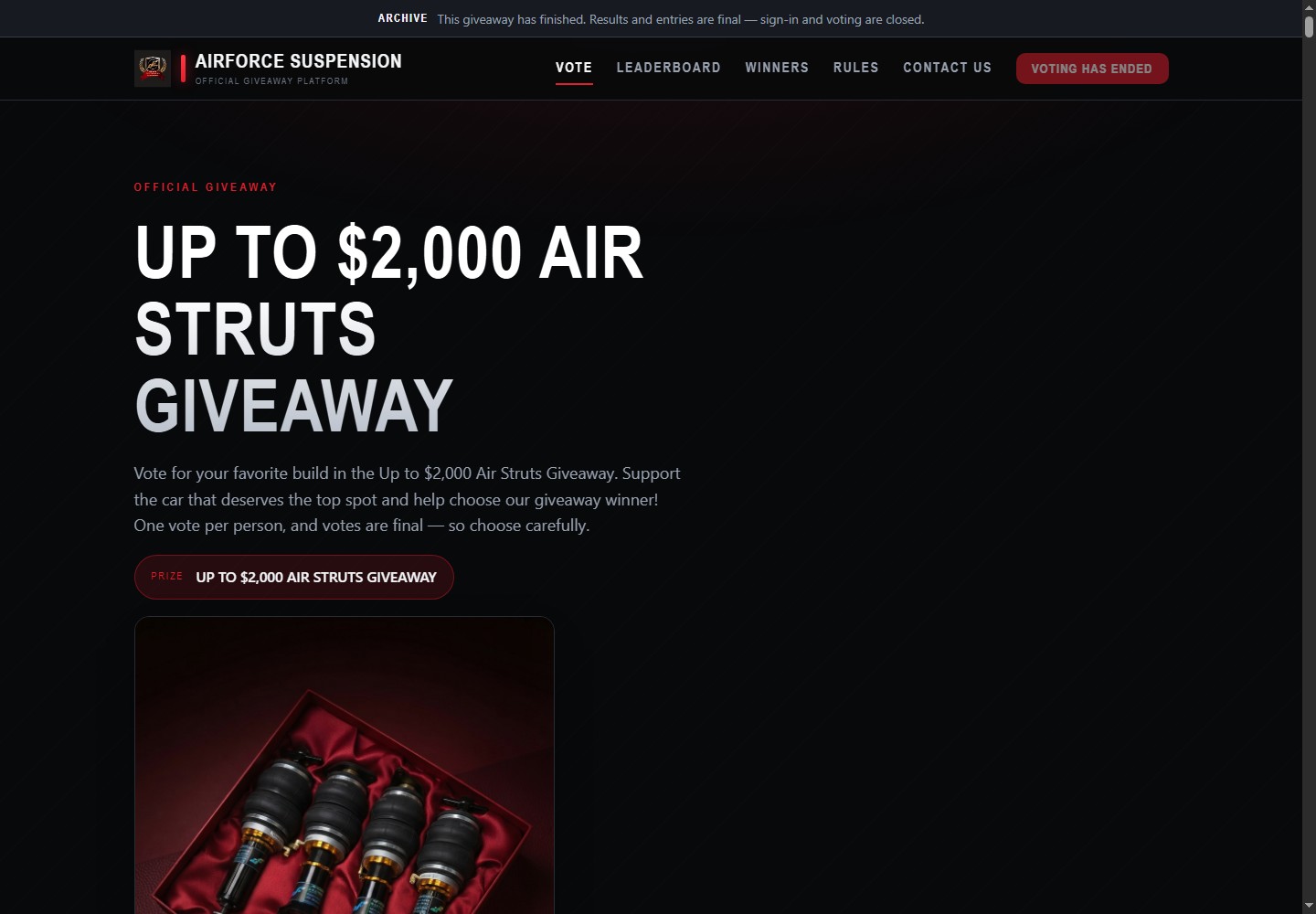Desktop homepage of the completed Airforce giveaway, with archive notice and closed-voting status