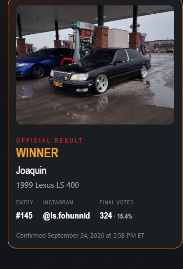 Mobile confirmed-winner announcement featuring Joaquin’s Lexus LS 400